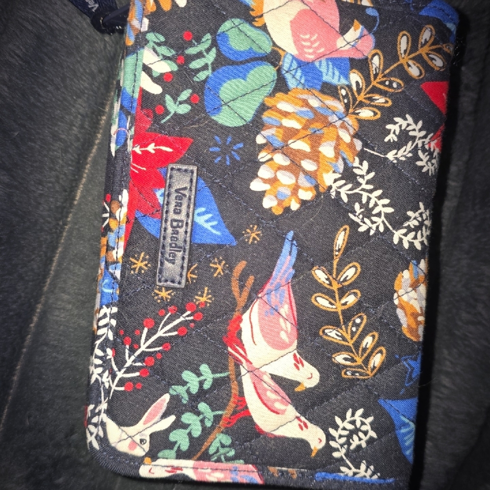 Vera Bradley Navy Quilted Wallet with Red, Blue and Green Floral Bird Print